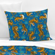 Tigers Dancing on Blue, Asian Tiger, Gold Orange and Black Animal Print Champs