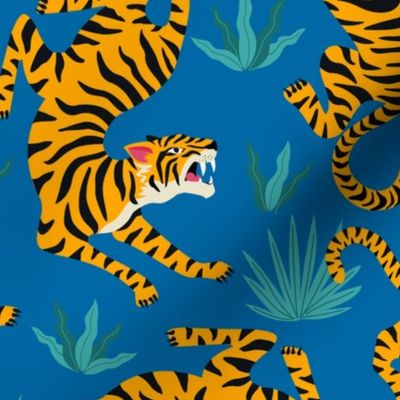 Tigers Dancing on Blue, Asian Tiger, Gold Orange and Black Animal Print Champs