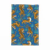 Tigers Dancing on Blue, Asian Tiger, Gold Orange and Black Animal Print Champs