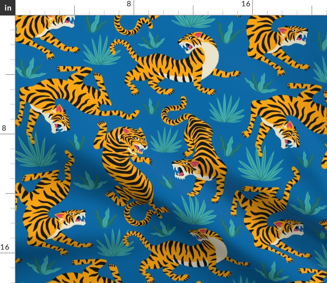 Tigers Dancing on Blue, Asian Tiger, Gold Orange and Black Animal Print Champs