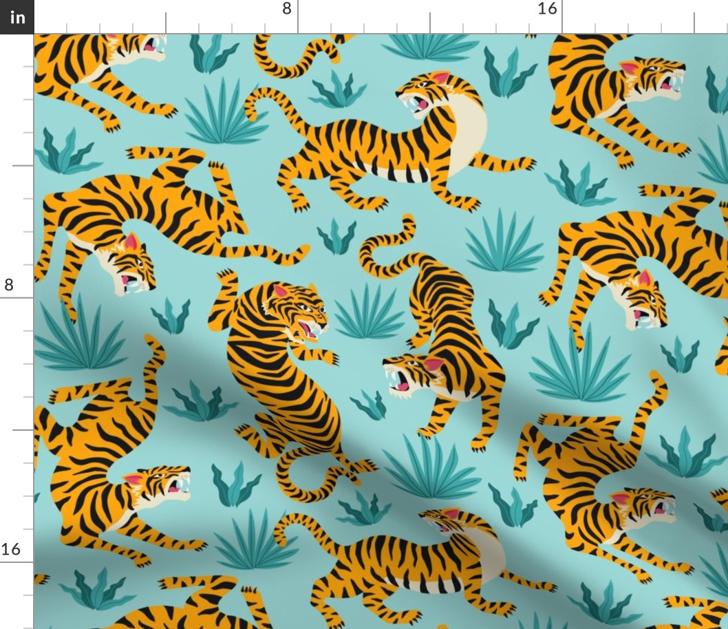 Tigers Dancing on Light Green, Asian Tiger, Gold Orange and Black Animal Print Champs