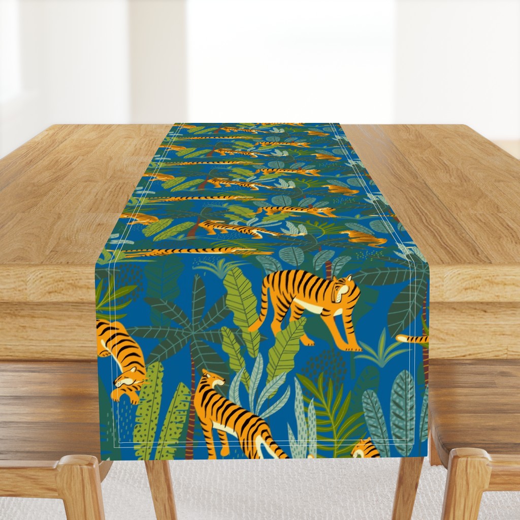 Tiger Dancing in the Jungle on Blue Background,Gold Orange and Black Animal Print Champs on Fading or Gradient Background