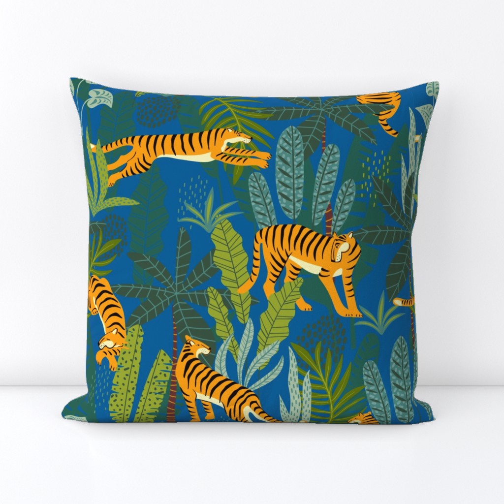 Tiger Dancing in the Jungle on Blue Background,Gold Orange and Black Animal Print Champs on Fading or Gradient Background