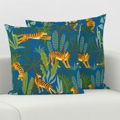 Tiger Dancing in the Jungle on Blue Background,Gold Orange and Black Animal Print Champs on Fading or Gradient Background