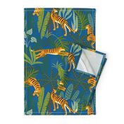 Tiger Dancing in the Jungle on Blue Background,Gold Orange and Black Animal Print Champs on Fading or Gradient Background