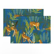 Tiger Dancing in the Jungle on Blue Background,Gold Orange and Black Animal Print Champs on Fading or Gradient Background