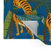 Tiger Dancing in the Jungle on Blue Background,Gold Orange and Black Animal Print Champs on Fading or Gradient Background