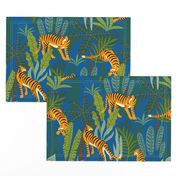 Tiger Dancing in the Jungle on Blue Background,Gold Orange and Black Animal Print Champs on Fading or Gradient Background