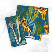 Tiger Dancing in the Jungle on Blue Background,Gold Orange and Black Animal Print Champs on Fading or Gradient Background