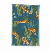 Tiger Dancing in the Jungle on Blue Background,Gold Orange and Black Animal Print Champs on Fading or Gradient Background