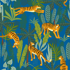 Tiger Dancing in the Jungle on Blue Background,Gold Orange and Black Animal Print Champs on Fading or Gradient Background