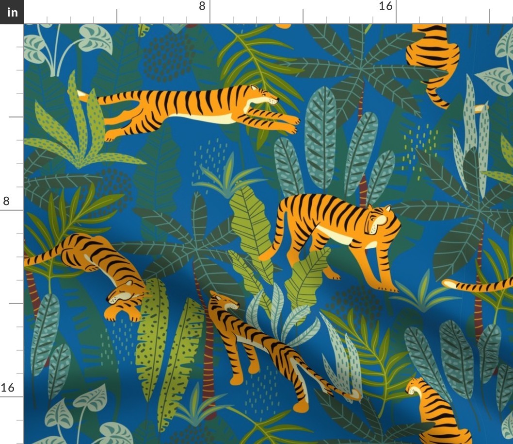 Tiger Dancing in the Jungle on Blue Background,Gold Orange and Black Animal Print Champs on Fading or Gradient Background