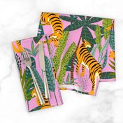 Tiger Dancing in the Jungle on Pink Background,Gold Orange and Black Animal Print Champs on Fading or Gradient Background