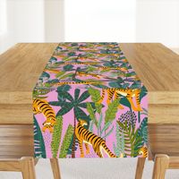 Tiger Dancing in the Jungle on Pink Background,Gold Orange and Black Animal Print Champs on Fading or Gradient Background