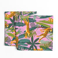 Tiger Dancing in the Jungle on Pink Background,Gold Orange and Black Animal Print Champs on Fading or Gradient Background