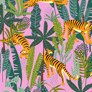 Tiger Dancing in the Jungle on Pink Background,Gold Orange and Black Animal Print Champs on Fading or Gradient Background