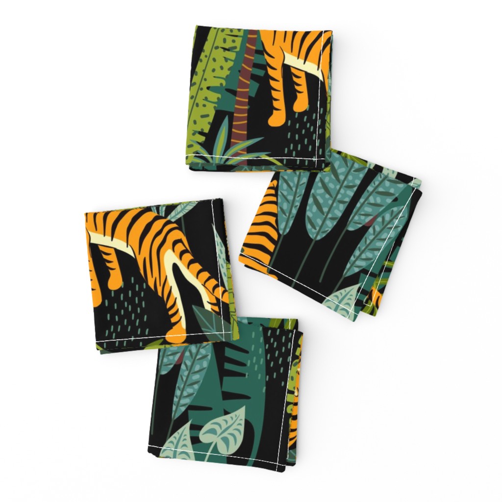 Tiger Dancing in the Jungle on Black Background, Gold Orange and Black Animal Print Champs on Fading or Gradient Background