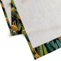 Tiger Dancing in the Jungle on Black Background, Gold Orange and Black Animal Print Champs on Fading or Gradient Background