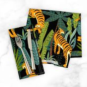 Tiger Dancing in the Jungle on Black Background, Gold Orange and Black Animal Print Champs on Fading or Gradient Background