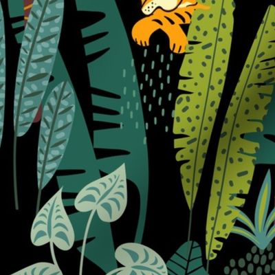 Tiger Dancing in the Jungle on Black Background, Gold Orange and Black Animal Print Champs on Fading or Gradient Background