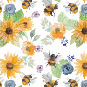 Watercolour Bees with Sunflowers