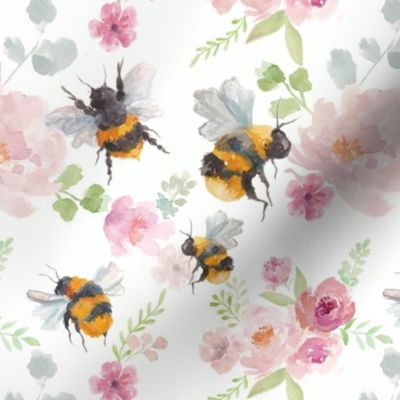 Watercolour Bees with Pink Florals