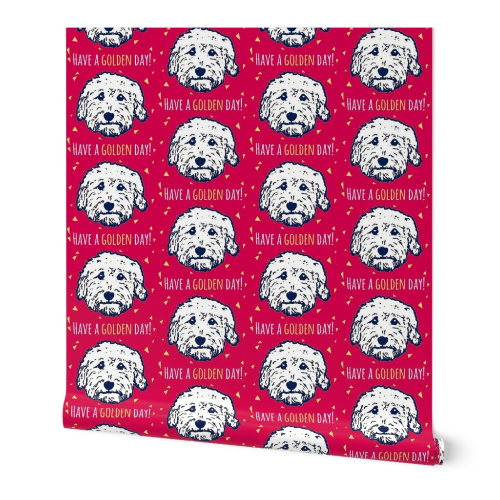 Have a golden day - goldendoodle fabric in dark pink