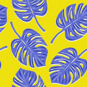 Blue Monstera Leaves on Yellow