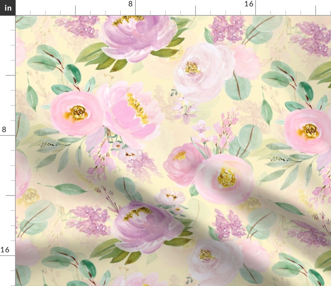 14" Hand drawn watercolor Lush greenery and florals -floral pattern, summer pattern on yellow