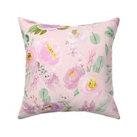 14" Hand drawn watercolor Lush greenery and florals -floral pattern, summer pattern on pink