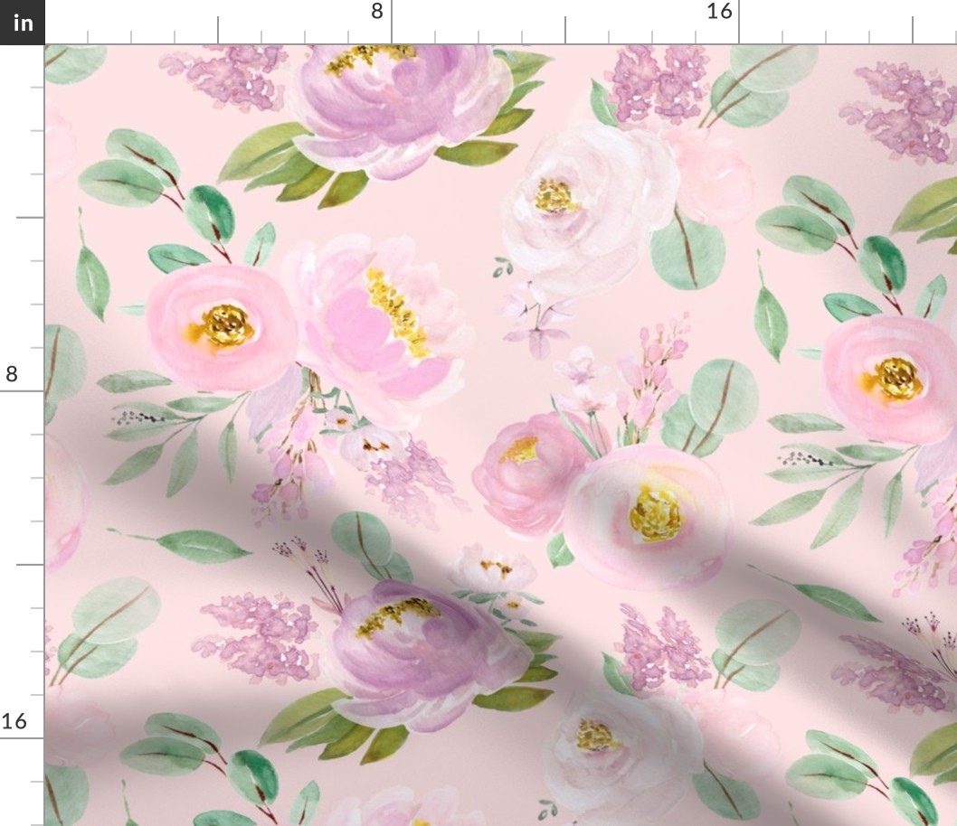 14" Hand drawn watercolor Lush greenery and florals -floral pattern, summer pattern on pink