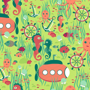 Submarine, anchor, steering wheel, octopus, seahorse, fish, jellyfish, seashells on a green background