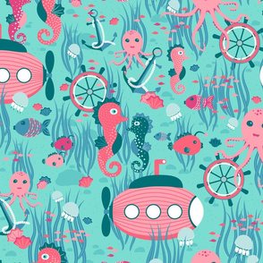 Submarine, anchor, steering wheel, octopus, seahorse, fish, jellyfish, seashells on a turquoise background