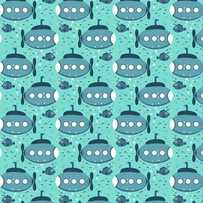 Blue submarine on a turquoise background