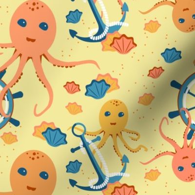 Multicolored octopuses on a yellow background