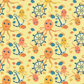 Multicolored octopuses on a yellow background