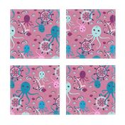 Multicolored octopuses on a dark pink background