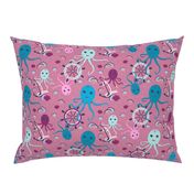 Multicolored octopuses on a dark pink background