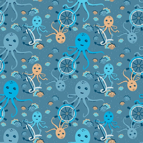 Multicolored octopuses on a blue background