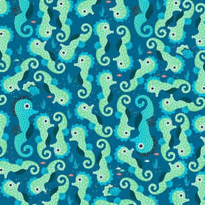 Turquoise seahorses on blue background