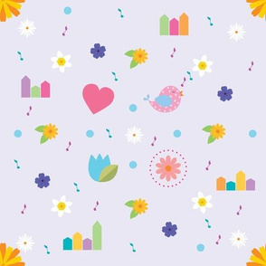 Music pattern with birds, hearts and flowers