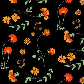 Ditsy floral on black with orange and yellow