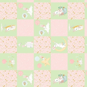   14” Spring is in the air - Little Bunnies and Cute Florals Patchwork - baby girls quilt cheater quilt fabric - spring animals flower fabric, baby fabric, cheater quilt fabric 2