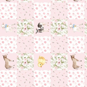 14" Spring Florals Mix with Little Animals on Farm on  pink - baby girls quilt cheater quilt fabric - spring animals flower fabric, baby fabric, cheater quilt fabric 