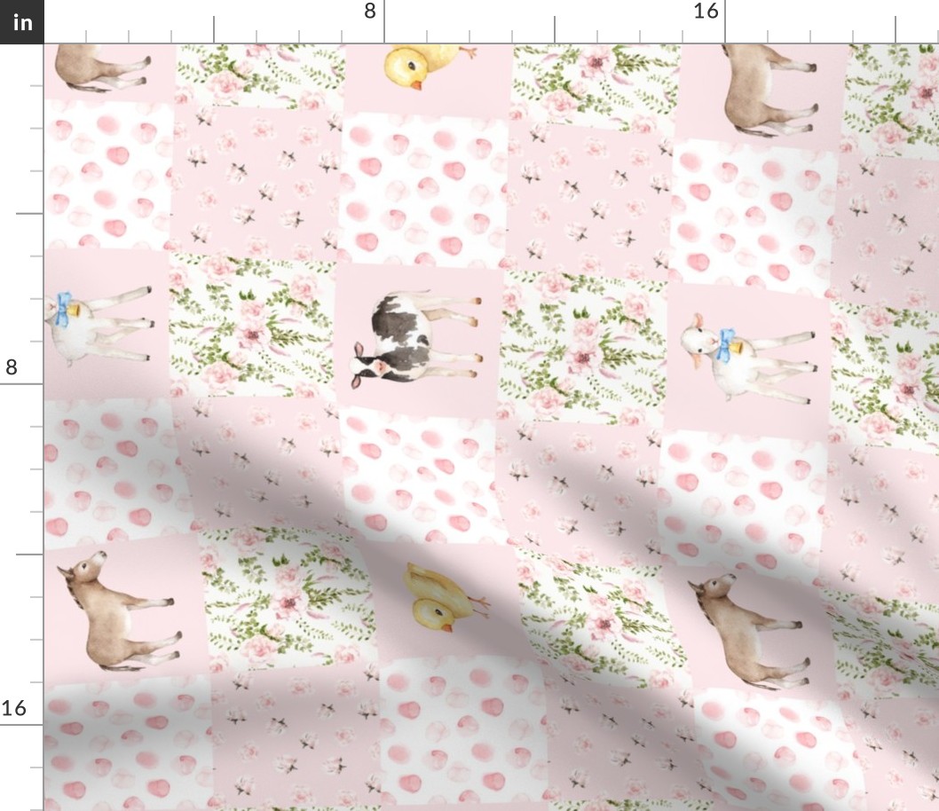 14" Spring Florals Mix with Little Animals on Farm on  pink - baby girls quilt cheater quilt fabric - spring animals flower fabric, baby fabric, cheater quilt fabric 