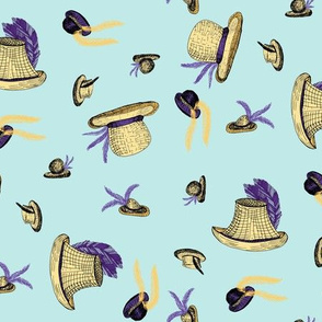 A Windy Day at the Races, Champagne Straw Hats with Purple Plumes on Sky Blue
