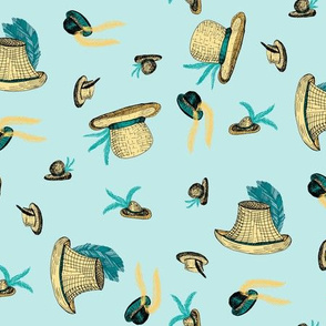 A Windy Day at the Races,  Aqua Plumes on Straw Hats on Sky Blue - Small Scale