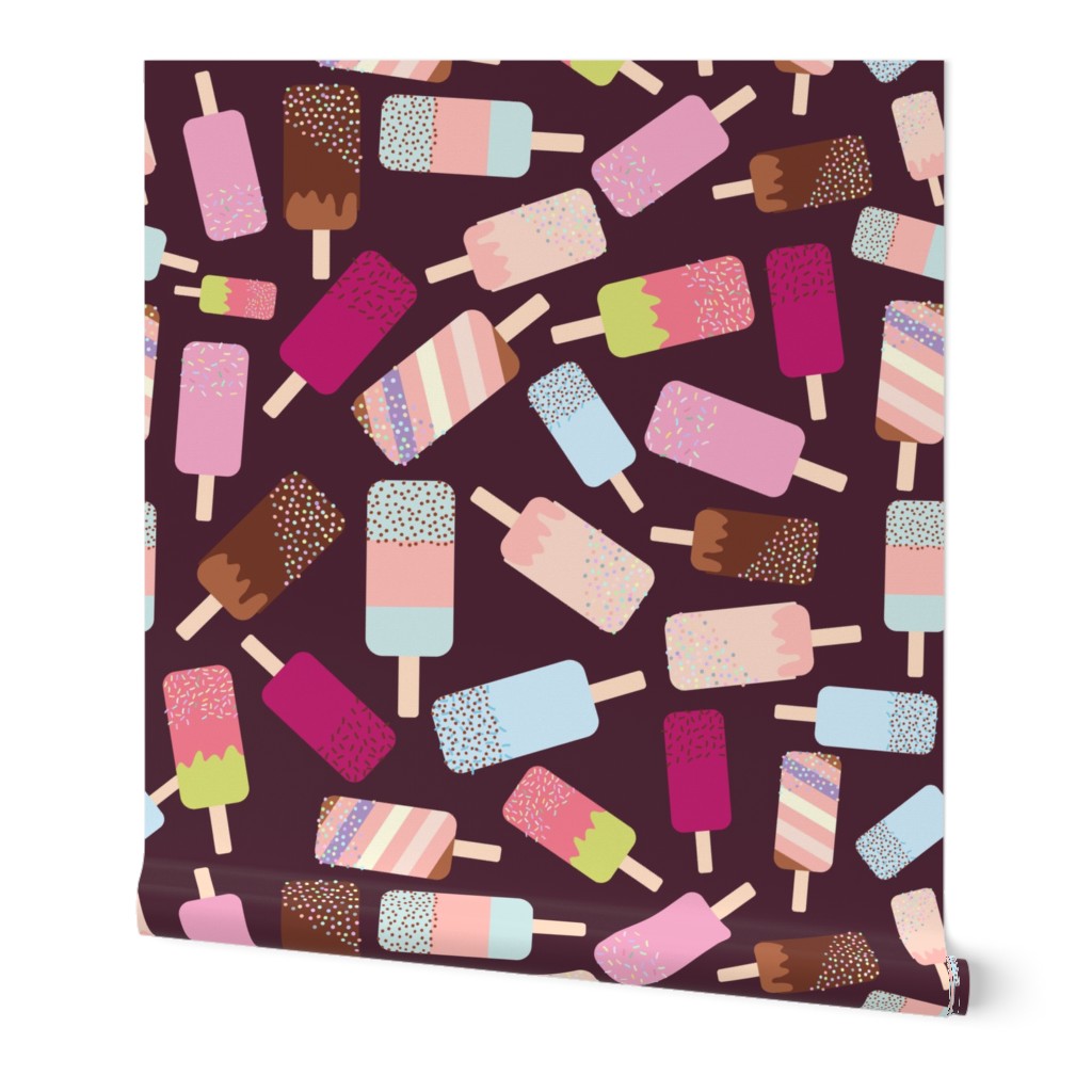  ice cream, ice lolly, pastel colors on dark brown background. 