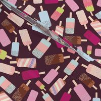  ice cream, ice lolly, pastel colors on dark brown background. 