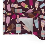  ice cream, ice lolly, pastel colors on dark brown background. 